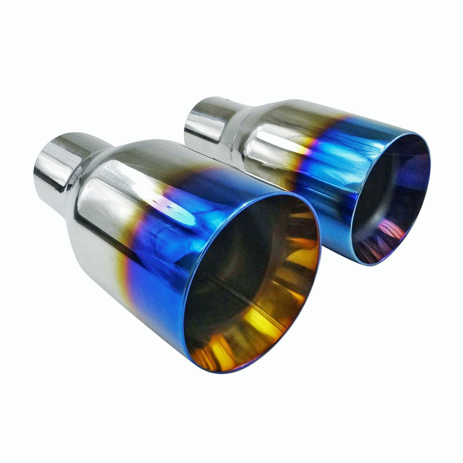  2X 2.5 In 4 Out Blue Burnt Exhaust Duo Layer Straight Tip Polished Stainless